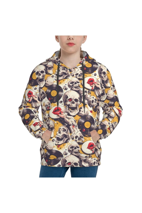 lips record rock Skull Pattern Boys Athletic Unisex Boys Girls Hoodie with Pocket Sweatshirts-Medium