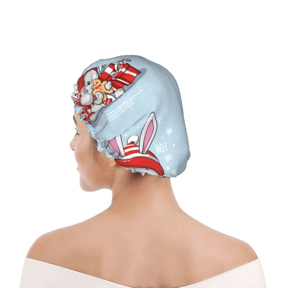 Kdxio merry Christmas rabbit Print Shower Cap for Women,Elastic and Reusable,Double Waterproof Layers Bathing Hat