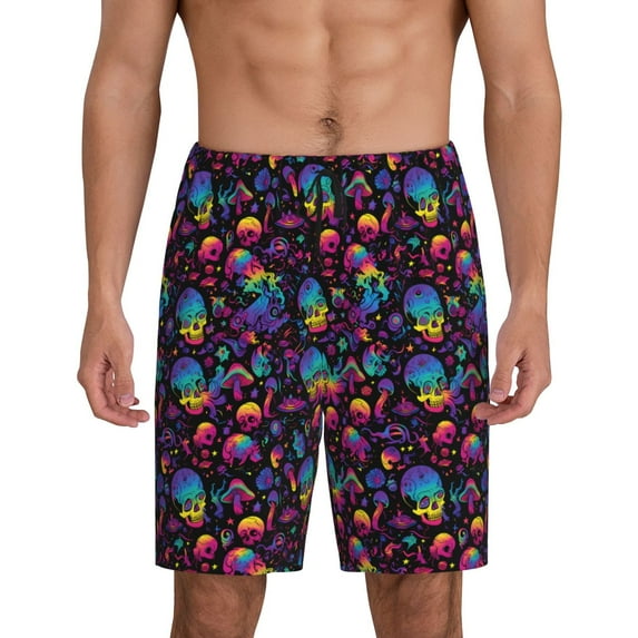 Kdxio mushroom colorful Skull Print Mens Sleep Shorts Bottoms Soft Comfy Pajama Wear Pants with Drawstring Pockets