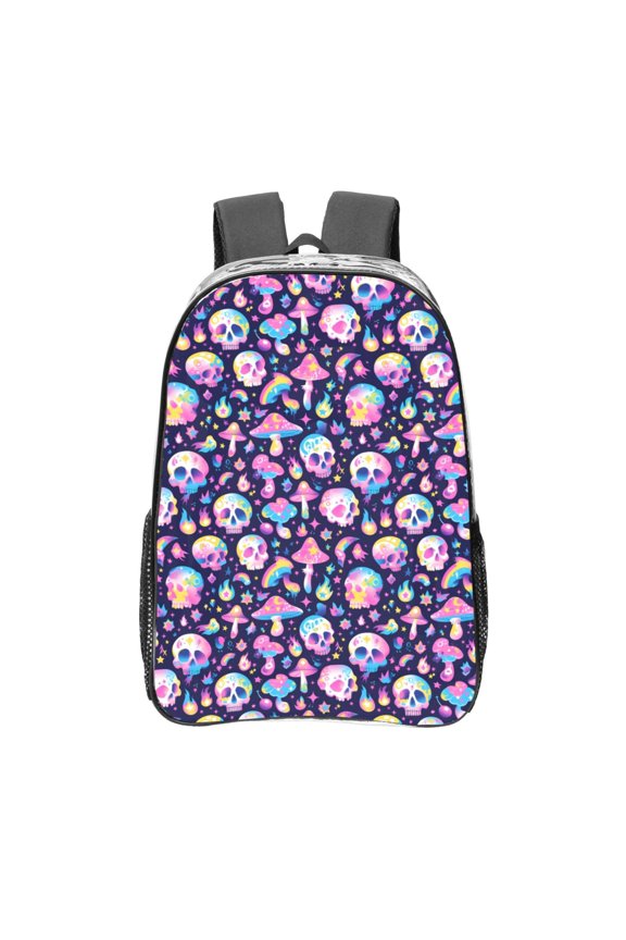 mushroom colorful Skull star Clear Backpack, Transparent Bookbag for School for Women Men, Capacity Clear Bag for College, Travel