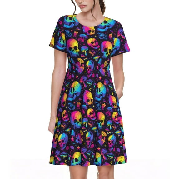 Kdxio mushroom rainbow color Skull Pattern Summer Dresses for Women Casual Tshirt Short Sleeve Floral Sundress Beach Cover Ups with Pockets