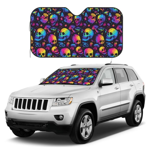 Kdxio mushroom rainbow color Skull Print Windshield Sun Shade, Foldable Sun Blocker for Car,Truck,SUV Automotive Interior Sun Protection,Reflective Shade for Front Windshield(Small)