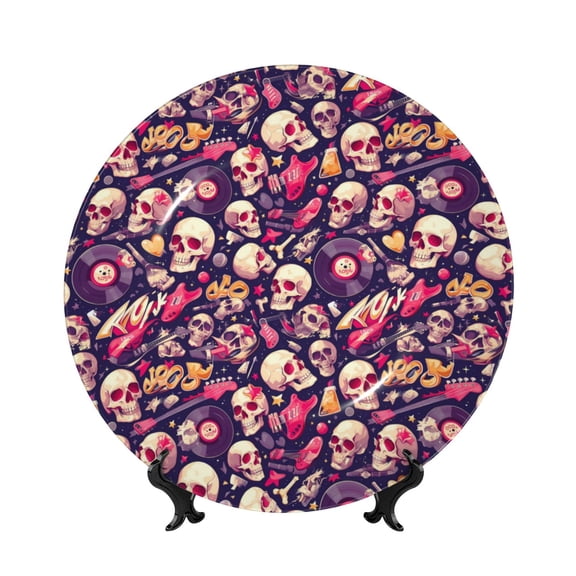 Kdxio music Skull record Guitar Bone China Decorative Plate Ceramic Decorative Plate for Home Office Wall Stand Decorative Plates for Home Bedroom-8in