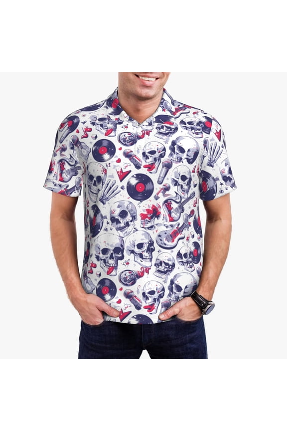 music Skull record mike Print Men's Short Sleeve Polo Shirt,Midweight Men's Shirt
