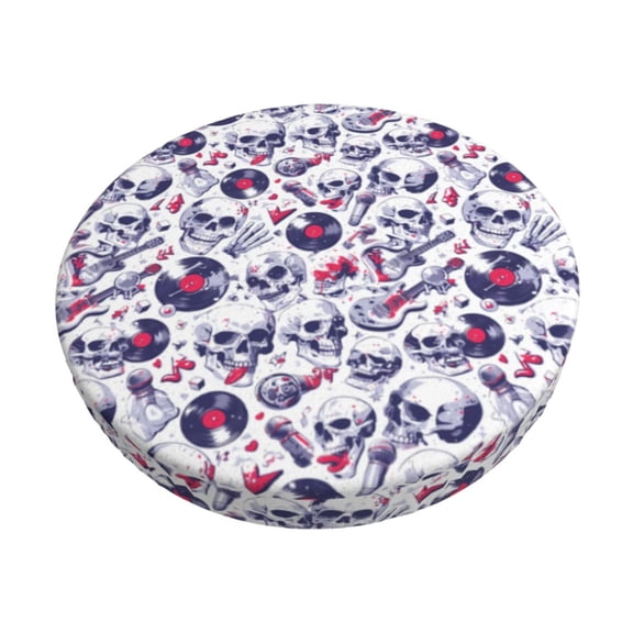 Kdxio music Skull record mike Print Stool Covers Round,Stretch Round Bar Stool Covers Washable Bar Stool Cushion Slipcover for 12-15 Inch Chair