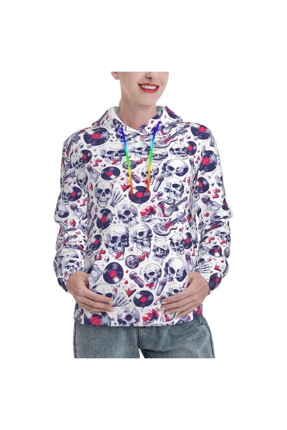 music Skull record mike Print Womens Oversized Hoodies Sweatshirts Hooded Pullover Tops Sweaters Casual-X-Large