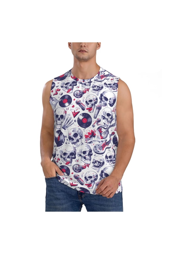 music Skull record mike for Men's Muscle T-shirt,Sleeveless for Workout Running Athletic Gym Lounge Casual