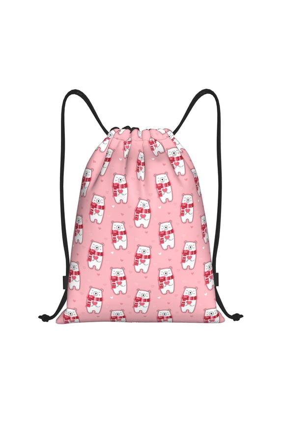pink Scarf bear Print Drawstring Backpack Bag,Waterproof Draw String Back Sack, Gym Drawstring Bags Swim Bag For Unisex