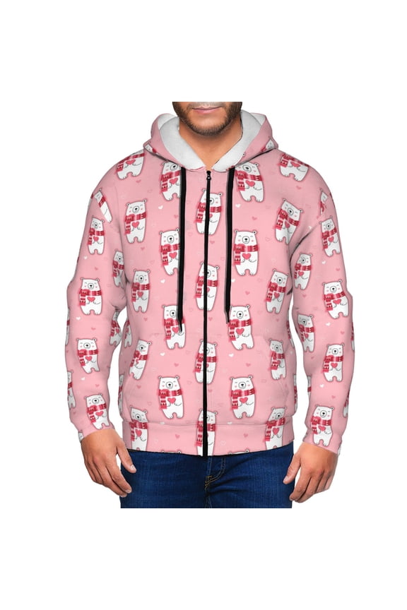 pink Scarf bear Print Men Hoodies Casual Hoodies for Men with Zip Pockets Full Zip Long Sleeve Sweatshirt Sports Hooded Jacket-Medium