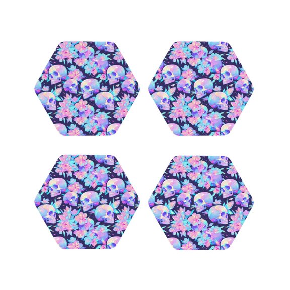 Kdxio pinkk flower crystal Skull Funny Coasters,4 Pcs Leather Coasters,Housewarming Gifts,Protect Furniture from Water Marks Scratch and Damage