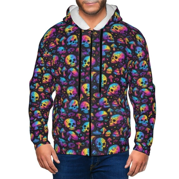 Kdxio rainbow color Skull mushroom Print Men Hoodies Casual Hoodies for Men with Zip Pockets Full Zip Long Sleeve Sweatshirt Sports Hooded Jacket-X-Large