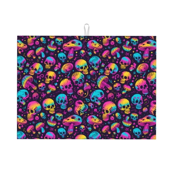 Kdxio rainbow color mushroom Skull for Dish Drying Mat,24*18 inch Absorbent Dish Drainer Kitchen Counter,Large Size Dish Drying Pad for Countertops,Draining Racks