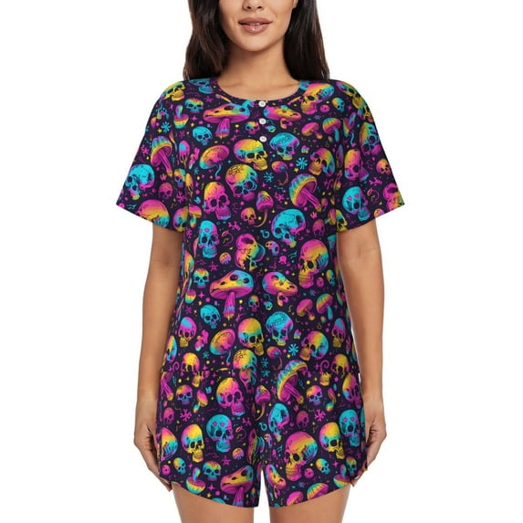 Kdxio rainbow color mushroom Skull Print Pajamas Sets for Women Short-Sleeved Pjs with Lounge Shorts Two Piece Sleepwear S-4XL