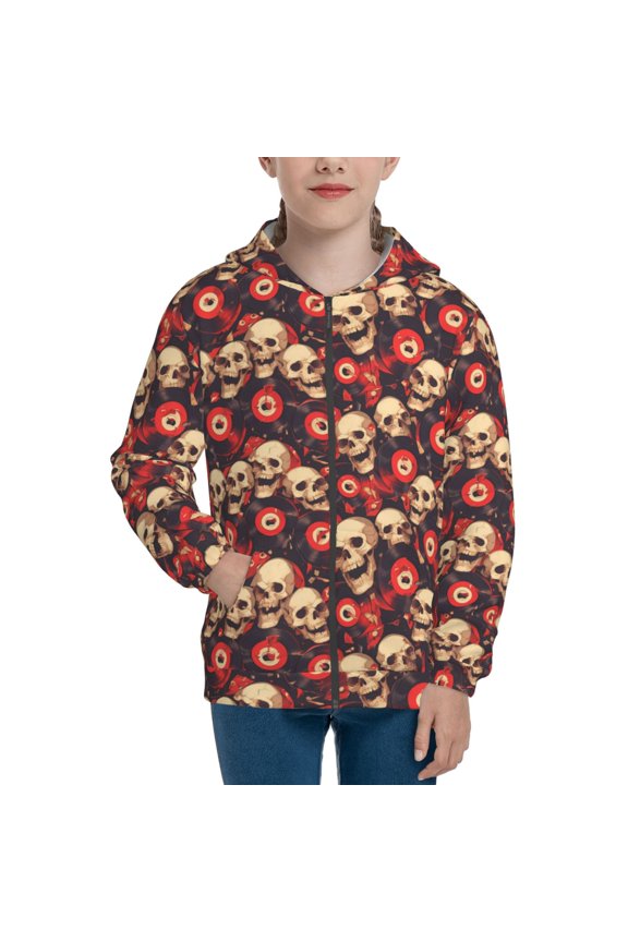 record Skull rock Pattern Kids Boys Girls Zip Up Hoodie 3D Printed Hooded Sweatshirt Hoody Coat with Pocket 7-12 Y-Medium