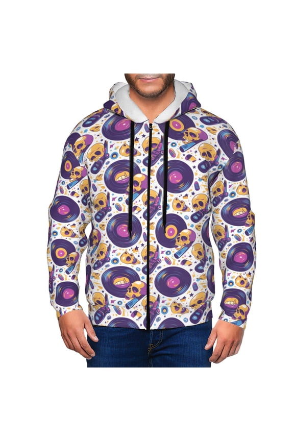 record rock Skull star Print Men Hoodies Casual Hoodies for Men with Zip Pockets Full Zip Long Sleeve Sweatshirt Sports Hooded Jacket-Large
