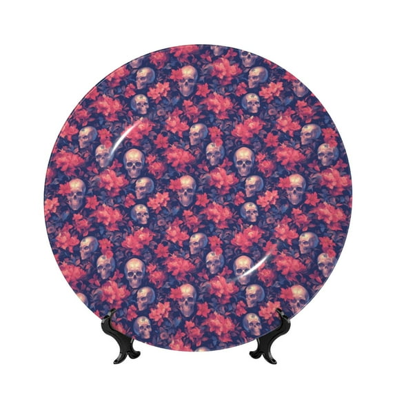 Kdxio red Skull flower Bone China Decorative Plate Ceramic Decorative Plate for Home Office Wall Stand Decorative Plates for Home Bedroom-7in