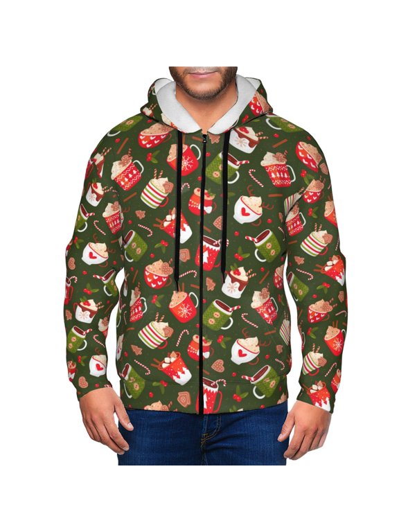 red green coffee cup Print Men Hoodies Casual Hoodies for Men with Zip Pockets Full Zip Long Sleeve Sweatshirt Sports Hooded Jacket-XX-Large