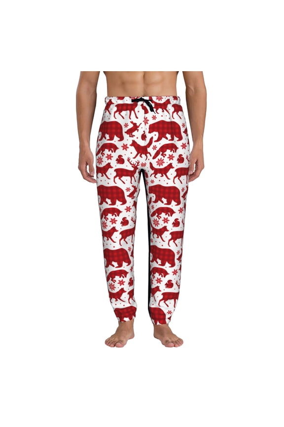 red plaid Moose Bunny bear Pattern Joggers,Sweatpants for Men with Pockets-Medium