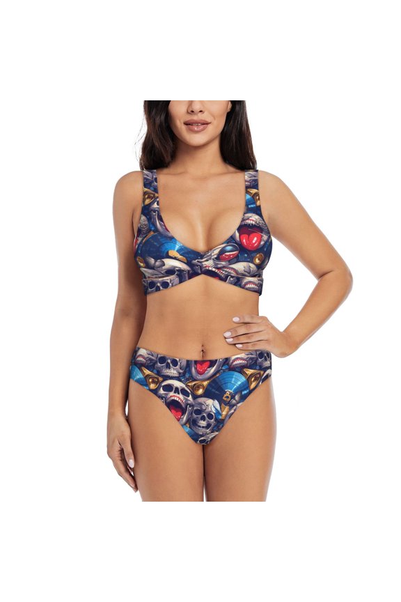 rock Skull blue record Print Women's 2 Piece High Waisted Wrap Spaghetti Strap Summer Swimsuit Bikini Set-Large