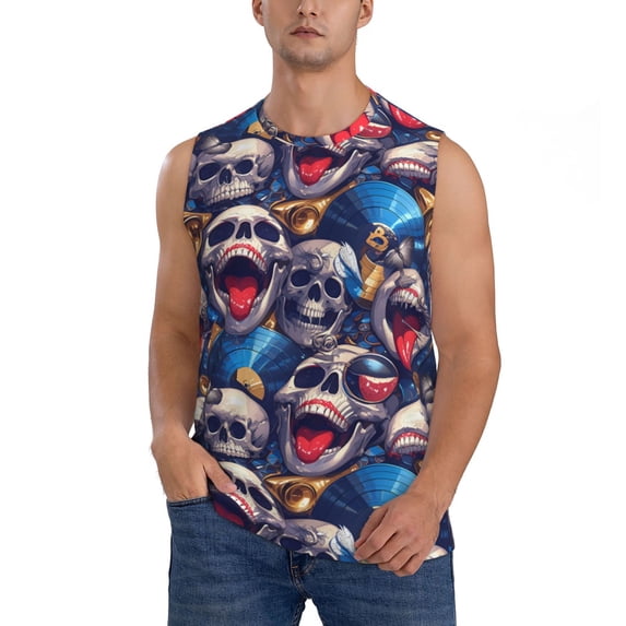 Kdxio rock Skull blue record for Men's Muscle T-shirt,Sleeveless for Workout Running Athletic Gym Lounge Casual