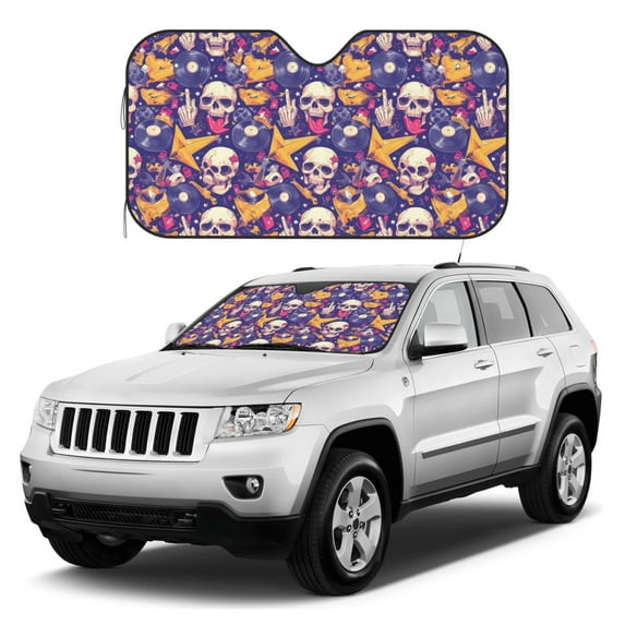 Kdxio rock Skull record Print Windshield Sun Shade, Foldable Sun Blocker for Car,Truck,SUV Automotive Interior Sun Protection,Reflective Shade for Front Windshield(Medium)