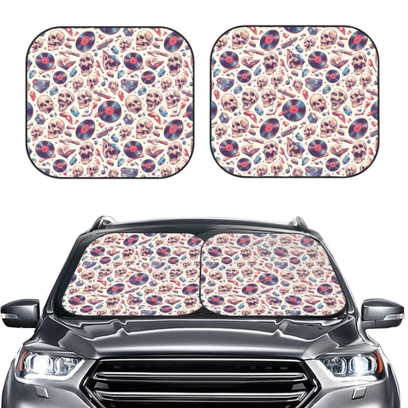 Kdxio rock Skull record Retro Print 2-Piece Sun Shade Front Windshield - Foldable Car Front Window Sunshades for Most Sedans SUV Truck