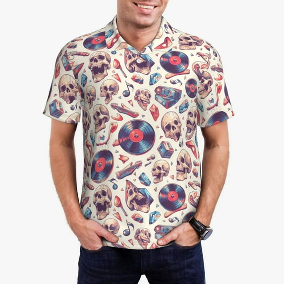 Kdxio rock Skull record Retro Print Men's Short Sleeve Polo Shirt,Midweight Men's Shirt