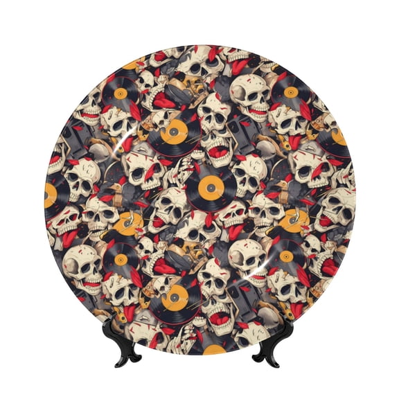 Kdxio rock Skull record artist Bone China Decorative Plate Ceramic Decorative Plate for Home Office Wall Stand Decorative Plates for Home Bedroom-7in