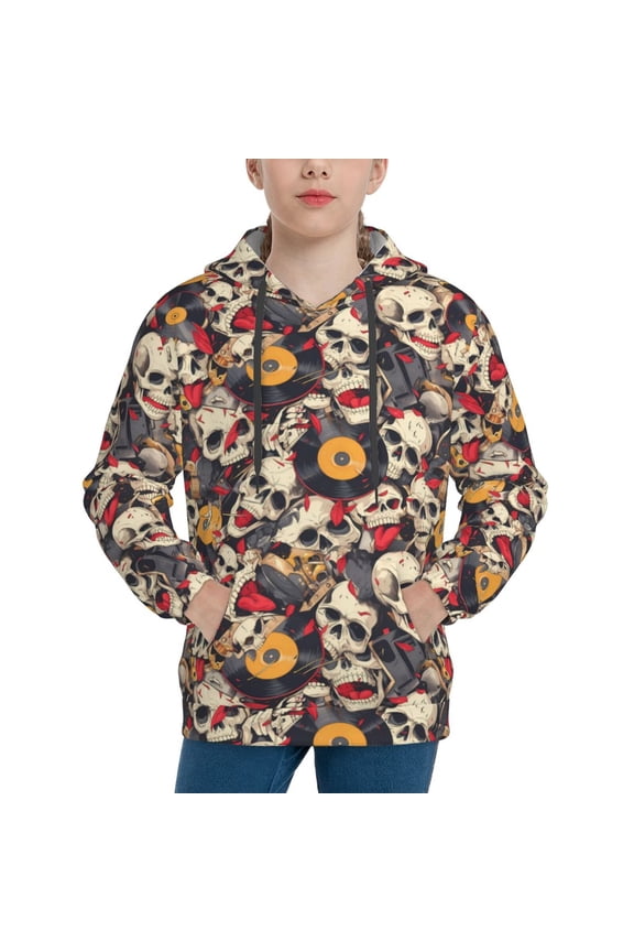 rock Skull record artist Pattern Boys Athletic Unisex Boys Girls Hoodie with Pocket Sweatshirts-Medium