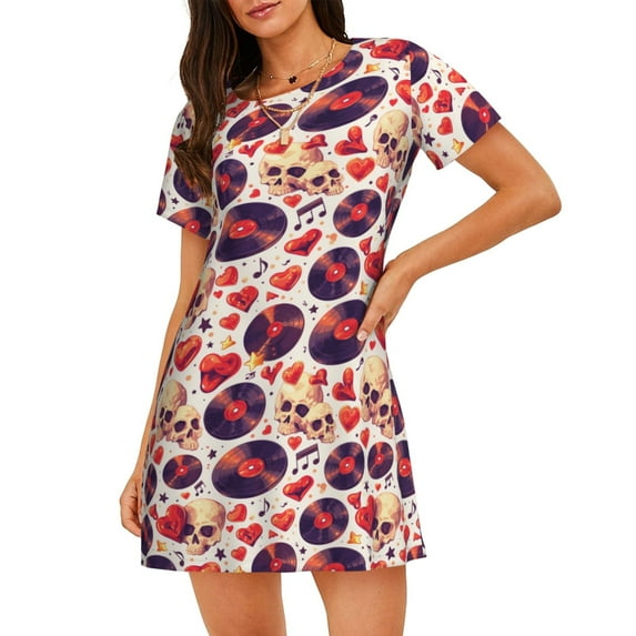 Kdxio rock Skull record heart Pattern Womens Short Sleeve Sleepshirt Scoopneck Cute Nightdress Ruffle Comfy Nightgown