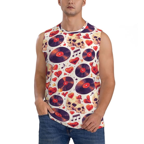 Kdxio rock Skull record heart for Men's Muscle T-shirt,Sleeveless for Workout Running Athletic Gym Lounge Casual