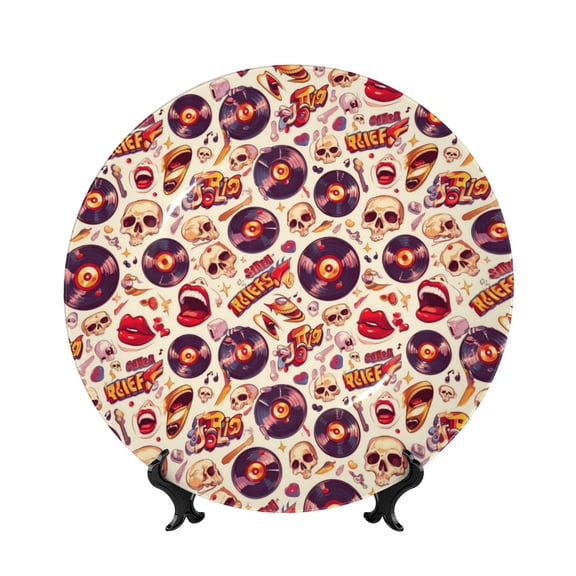 Kdxio rock music Skull record Bone China Decorative Plate Ceramic Decorative Plate for Home Office Wall Stand Decorative Plates for Home Bedroom-8in