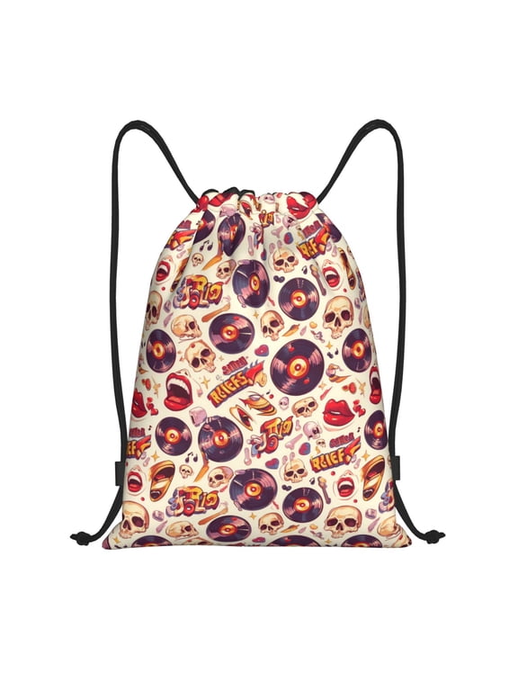 rock music Skull record Print Drawstring Backpack Bag,Waterproof Draw String Back Sack, Gym Drawstring Bags Swim Bag For Unisex