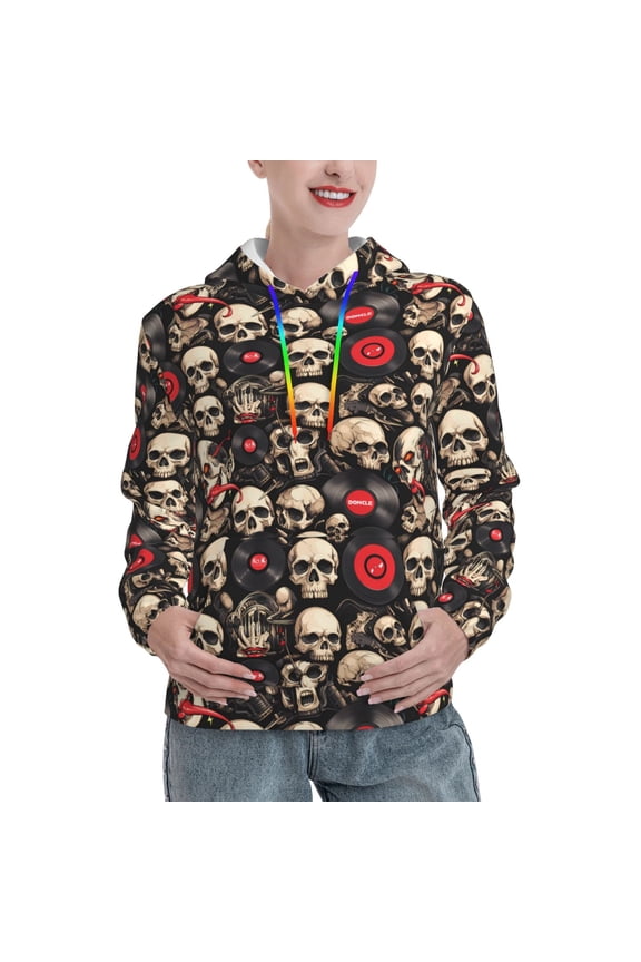 rock record Skull Print Womens Oversized Hoodies Sweatshirts Hooded Pullover Tops Sweaters Casual-Medium