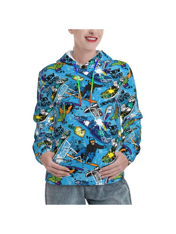 snow board blue Print Womens Oversized Hoodies Sweatshirts Hooded Pullover Tops Sweaters Casual-Large