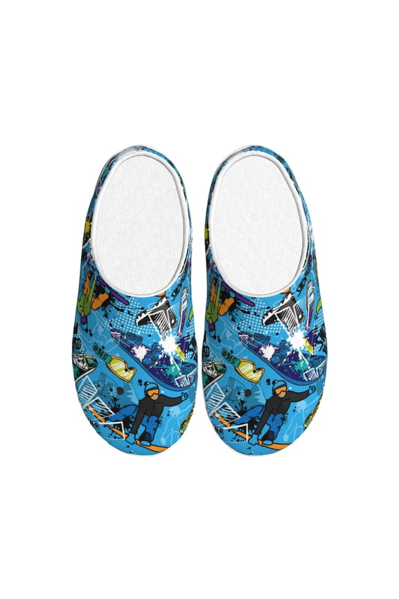 snow board blue Women's Men's Slippers Plush Slip-On House Slipper for Winter Indoor Soft Cushion Non-slip Fluffy Slides Slippers-46/47