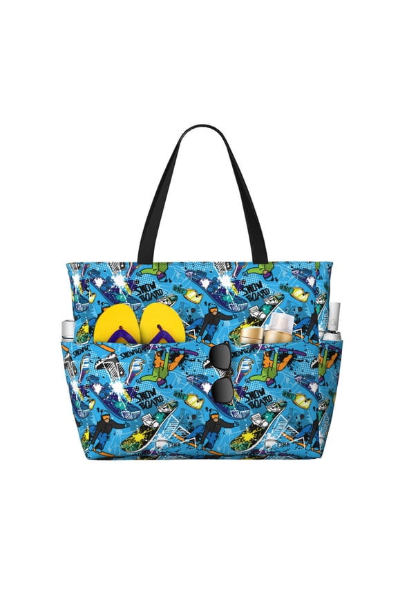 snow board blue for Beach Bag for Women Large Beach Tote Bag Waterproof Sandproof Swim Bag with Zipper Pockets Beach Vacation Travel