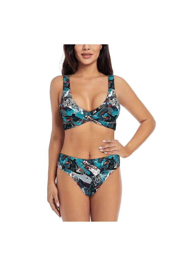 snow board colorful Print Women's 2 Piece High Waisted Wrap Spaghetti Strap Summer Swimsuit Bikini Set-Medium