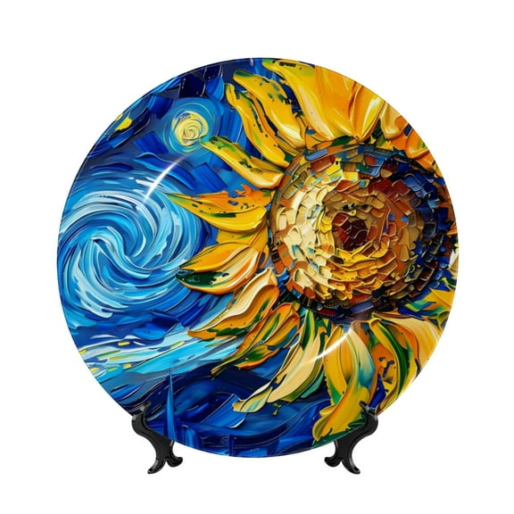 Kdxio vintage Starry Sunflower Bone China Decorative Plate Ceramic Decorative Plate for Home Office Wall Stand Decorative Plates for Home Bedroom-10in