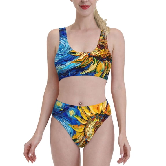 Kdxio vintage Starry Sunflower for Womens High Waisted Bikini Top Sports Style Two Piece Bathing Suits