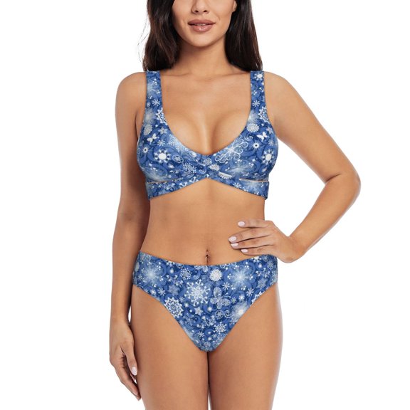 Kdxio whiet Snowflake blue background Print Women's 2 Piece High Waisted Wrap Spaghetti Strap Summer Swimsuit Bikini Set-Small