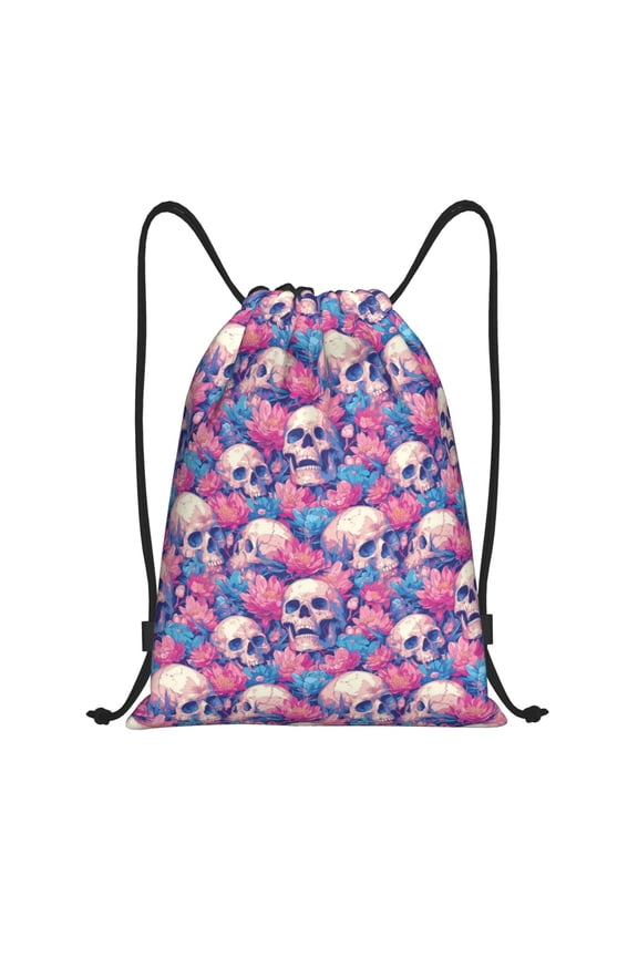 white Skull blue flower Print Drawstring Backpack Bag,Waterproof Draw String Back Sack, Gym Drawstring Bags Swim Bag For Unisex