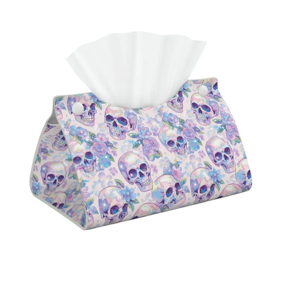 Kdxio white Skull crystal flower Print Tissue Box Cover,Modern PU Leather Rectangular Tissue Box Holder for Bathroom Living Room Bedroom Office Desk Car Home