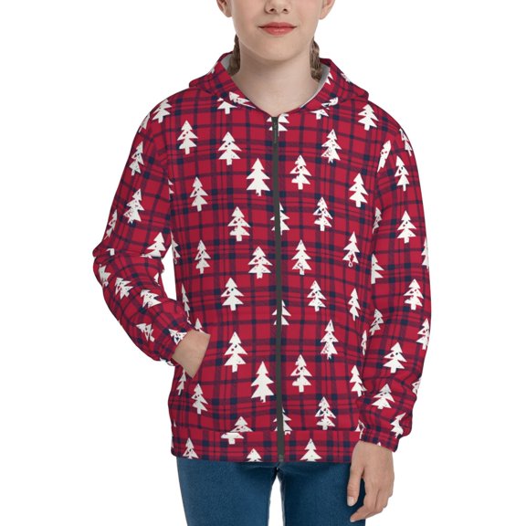 Kdxio white Tree red plaid Pattern Kids Boys Girls Zip Up Hoodie 3D Printed Hooded Sweatshirt Hoody Coat with Pocket 7-12 Y-Small