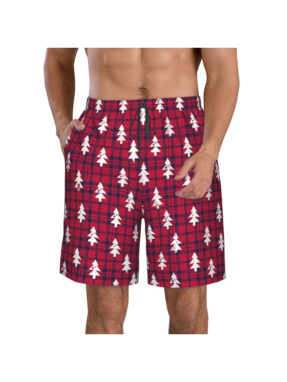white Tree red plaid Pattern Mens Casual Shorts - Drawstring Summer Beach Sports Shorts for Men