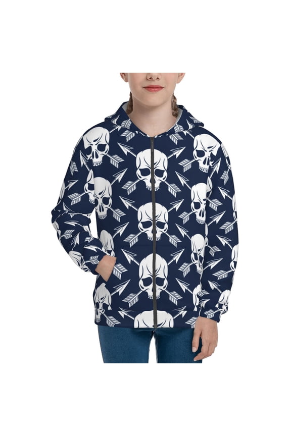 white arrow Skull Pattern Kids Boys Girls Zip Up Hoodie 3D Printed Hooded Sweatshirt Hoody Coat with Pocket 7-12 Y-Small