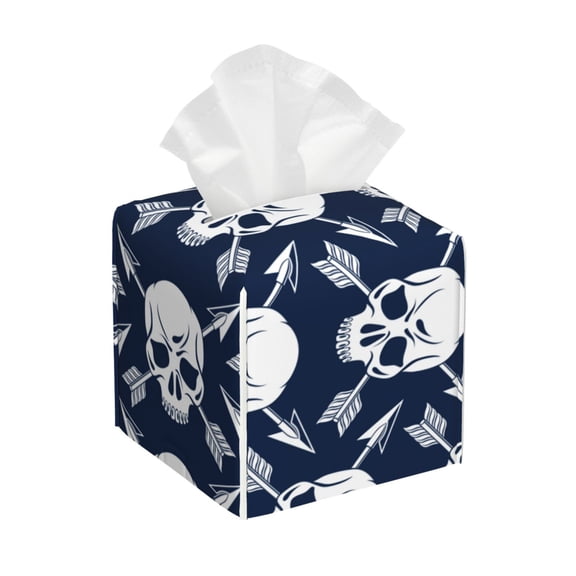 Kdxio white arrow Skull Print Tissue Box Cover,Square Decorative PU Leather Facial Paper Case Organizer Holder Dispenser for Bathroom,Night Stands,Desk,Car 5.2''X5.2''X5.2''