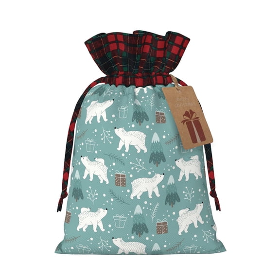 Kdxio whiter Snow bear Print Christmas Drawstring Bags Xmas Buffalo Plaid Candy Bags Linen Treat Bags Christmas Gift Bags for Presents-Black