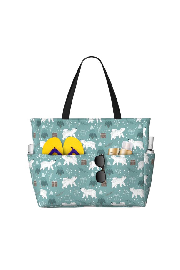whiter Snow bear Print for Beach Bag for Women Large Beach Tote Bag Waterproof Sandproof Swim Bag with Zipper Pockets Beach Vacation Travel
