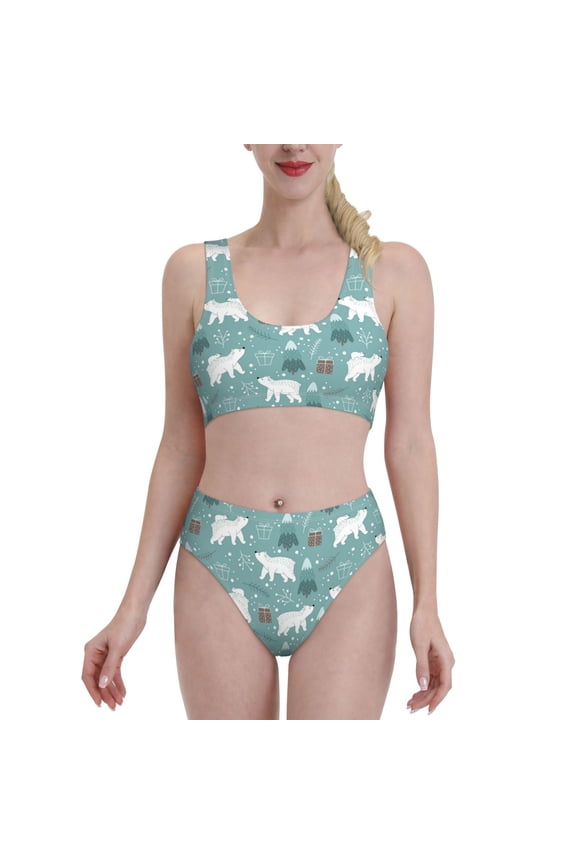 whiter Snow bear Print for Womens High Waisted Bikini Top Sports Style Two Piece Bathing Suits